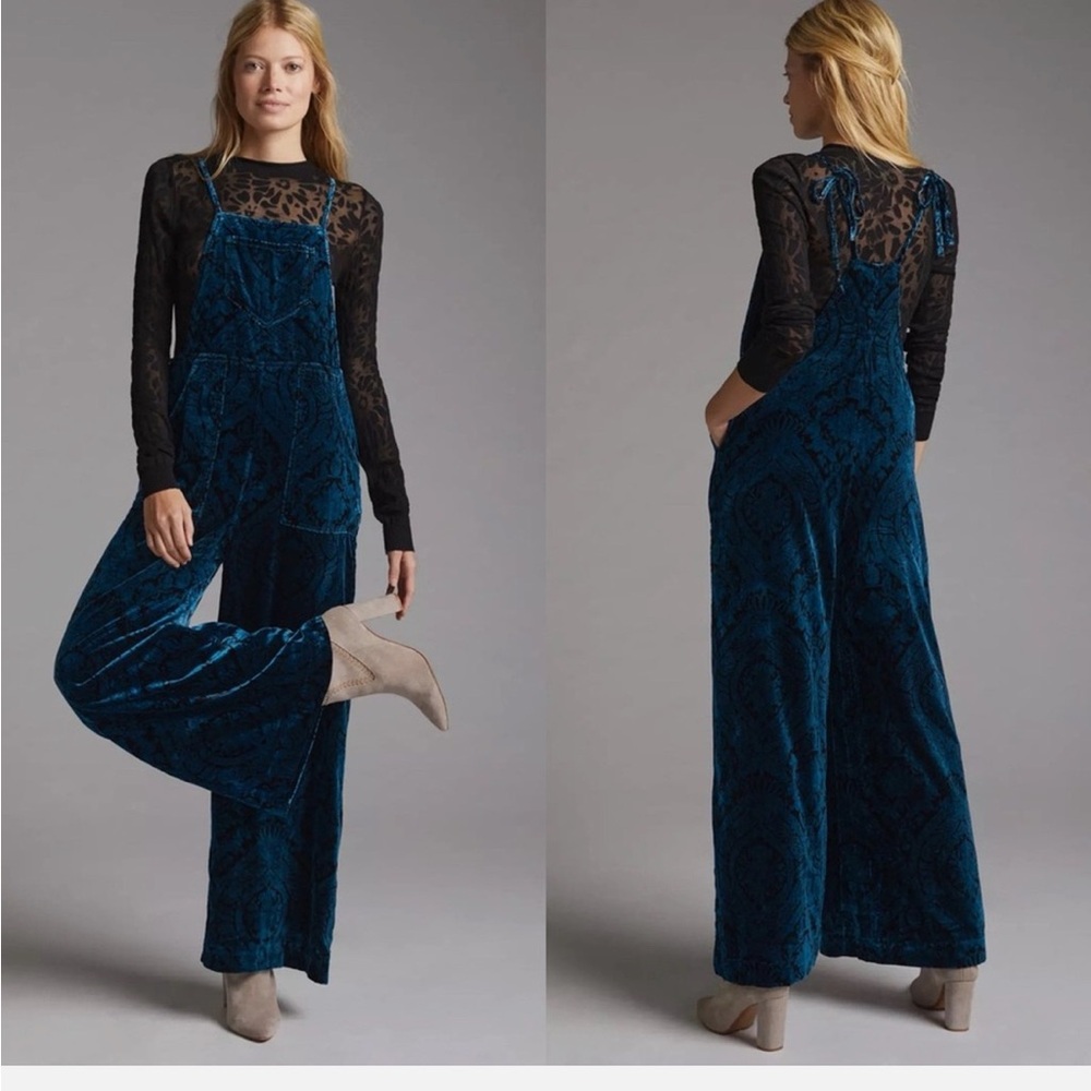 Anthropologie Women's Velvet Teal Wide Leg Jumpsuit Small